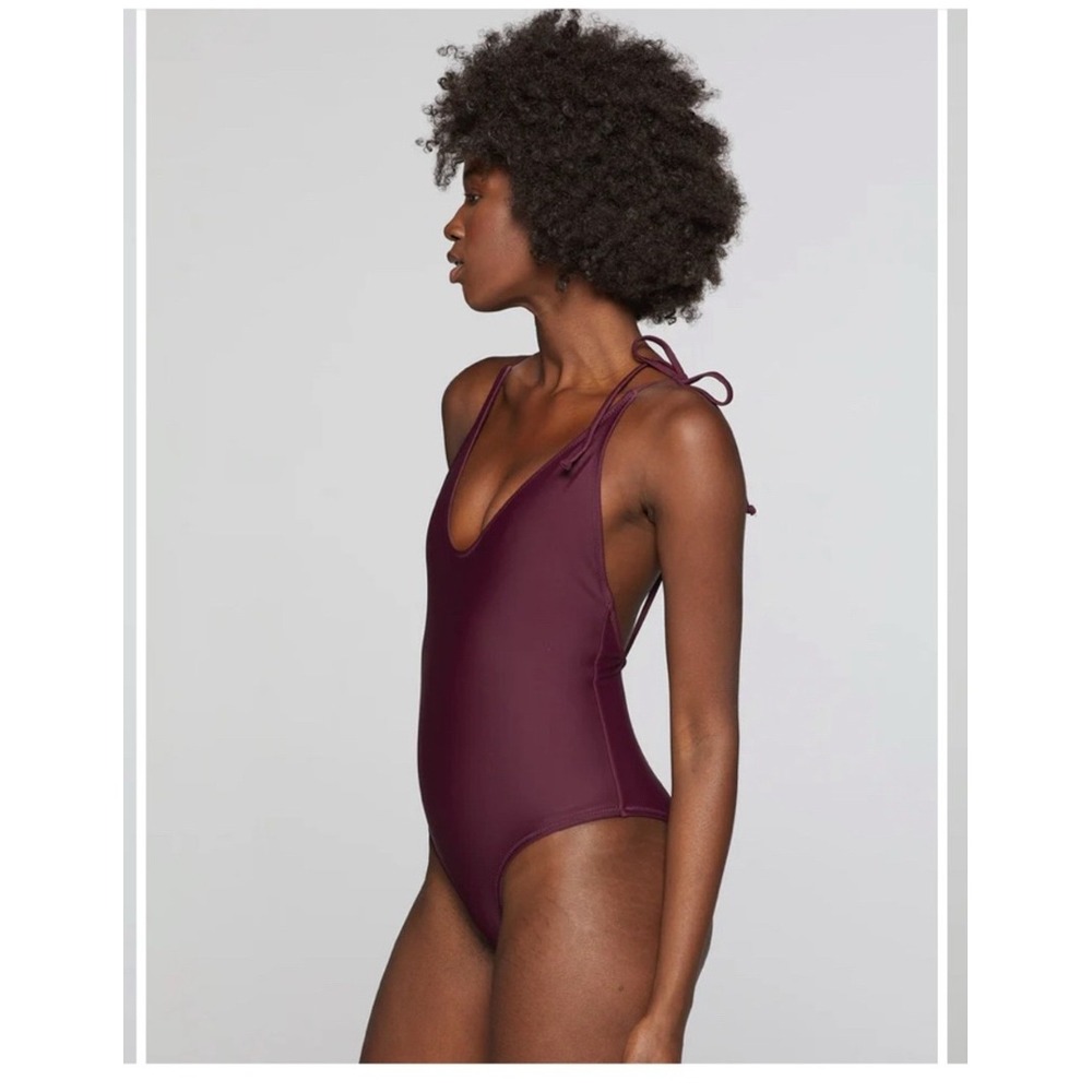 STATIC SWIMWEAR Robertson One Piece Swimsuit Wine Red Plunging Neck Tie Straps M